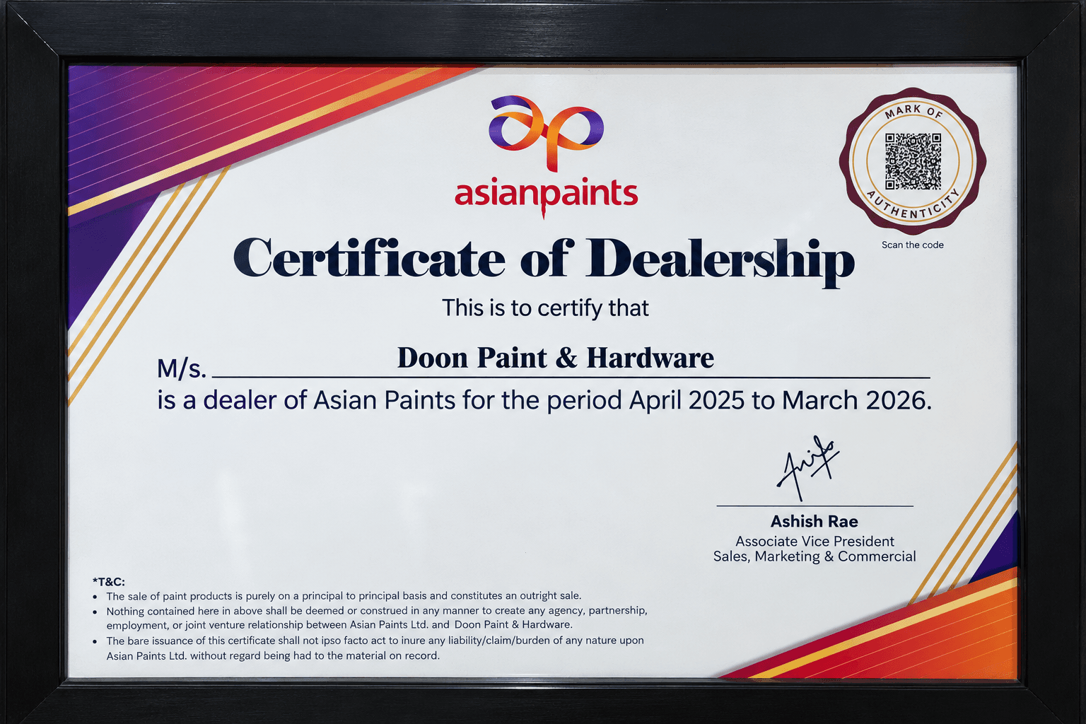 Certificate of Dealership