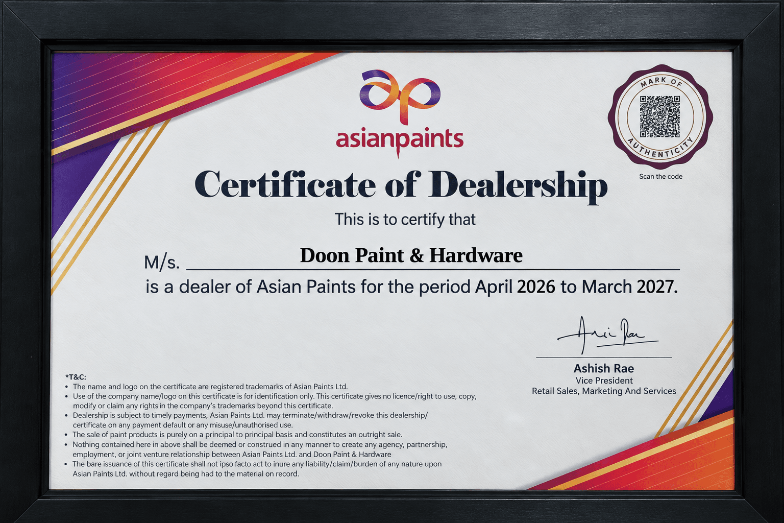 Certificate of Dealership