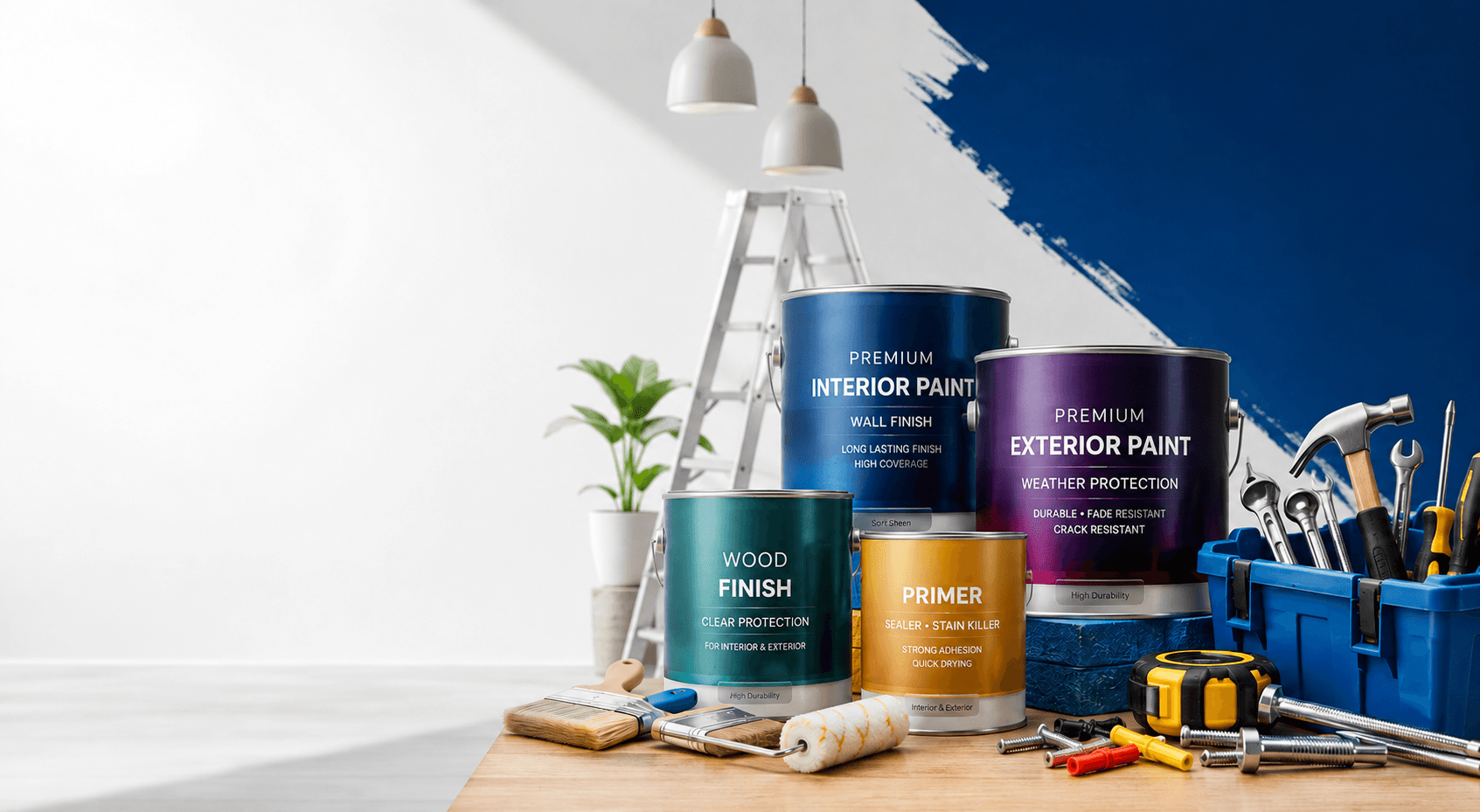 Premium interior and exterior paints, wood finish, primer, and hardware tools staged on a workbench